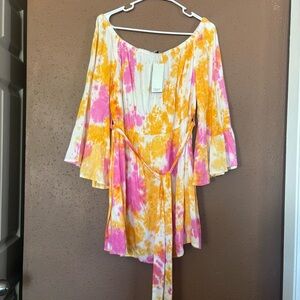 Feathers Pink Orange Tie Dye Off The Shoulder Bell Sleeve Mini Dress XL NWT